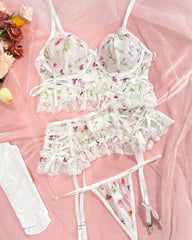 Sexy Floral Print Lace See-through Mesh Lingerie Set with Stockings