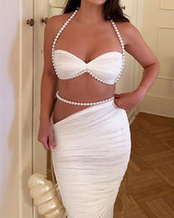 Pearl-embellished Sexy Cropped Tube Top Low-waisted Bodycon Maxi Skirt Suit