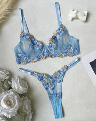 Blue Sexy Mesh Floral Embroidered See-through Lingerie Set