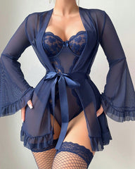 Sexy Lace Slip Dress Mesh See-through Tie-up Robe Loungewear Set