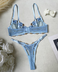 Blue Sexy Mesh Floral Embroidered See-through Lingerie Set