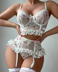 Sexy Floral Print Lace See-through Mesh Lingerie Set with Stockings