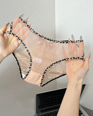 Leopard Print Lace Patchwork Mesh See-through Cutout Bell Bow Decoration Panties