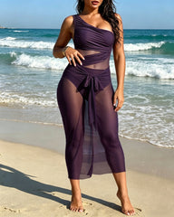 Vacation One-shoulder Mesh Hollow-out Patchwork Swimsuit and Sarong Skirt Set