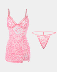 Sexy Deep V Flocked Leopard Print See-Through Mesh Bodycon Nightgown