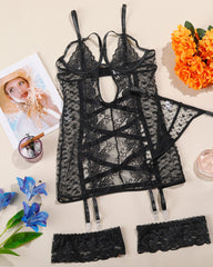 Sexy Openwork Lace Mesh See-through Lingerie Nightgown Set