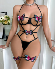 Butterfly Embroidery Halter-neck Strappy Cutout Lingerie Bodysuit