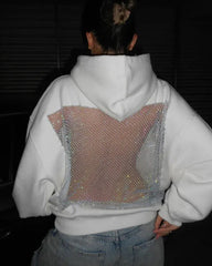 Fashion Solid Color Backless Cutout Mesh Panel Long-sleeved Hooded Sweatshirt