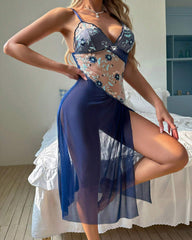 Sexy Irregular Floral Embroidery Openwork V-neck Camisole Slit Long Nightgown