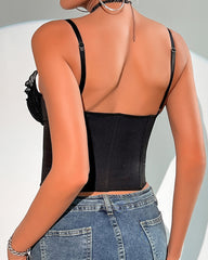 Sexy Sheer Mesh Lace Patchwork Boning Spaghetti Straps Corset Top