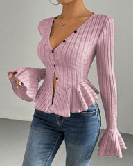 V-neck Ruffled Slim-fit Flared Long-sleeve Stretchy Knit Top