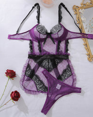 Sexy Colorblock Lace See-through Mesh Hollow-out Backless Underwire Lingerie Set