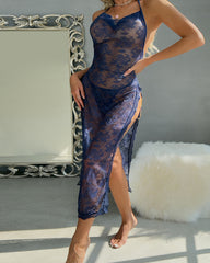 Sexy Halter Neck Lace Sheer Mesh High Slit Chain-embellished Long Nightgown