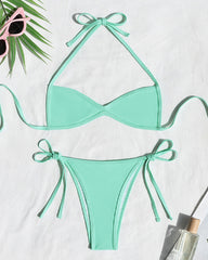 Sexy Solid Color Halter Neck Mini Pleated Beach Bikini
