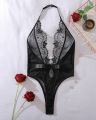 Deep V Halter Neck See-through Lace Sexy Bodysuit Lingerie