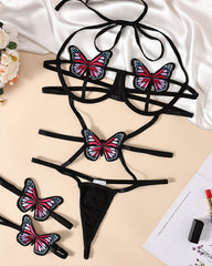 Butterfly Embroidery Halter-neck Strappy Cutout Lingerie Bodysuit