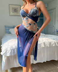 Sexy Irregular Floral Embroidery Openwork V-neck Camisole Slit Long Nightgown