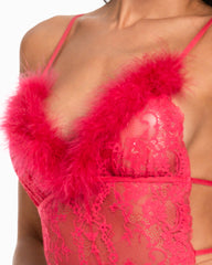 V-neck Plush Lace See-through Open-crotch Sexy Bodysuit