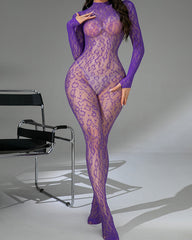 Leopard Sexy Backless Lace Fishnet Stretch Tight Long-sleeved Bodysuit