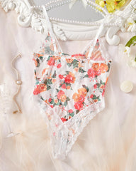 Colorful Floral Print Mesh Sheer Bodysuit Lingerie