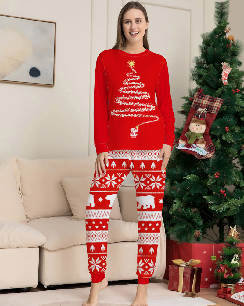 Christmas Tree Print Crew Neck Long-sleeved Family Pajama Set