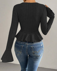 V-neck Ruffled Slim-fit Flared Long-sleeve Stretchy Knit Top