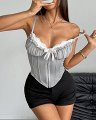 Sexy Sheer Mesh Lace Patchwork Boning Spaghetti Straps Corset Top