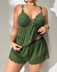 Plus Size Lace Satin V-Neck Camisole and Shorts Pajama Set