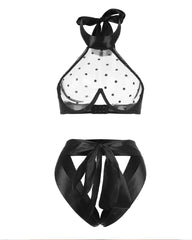 Black Polka Dot Sexy Backless Sheer Openwork Lingerie Set