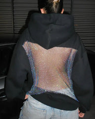 Fashion Solid Color Backless Cutout Mesh Panel Long-sleeved Hooded Sweatshirt