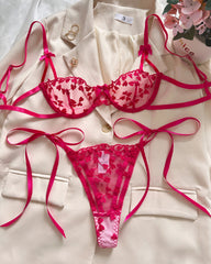 Sexy Sheer Mesh Heart-shaped Embroidery Underwire Lingerie Set