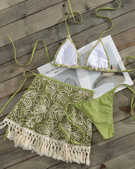 Bohemian Halter Bikini and Tassel Sarong Three-piece Set