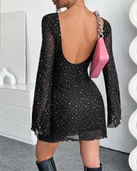 Black Mesh Sequined Backless Bodycon Long-sleeved Dress