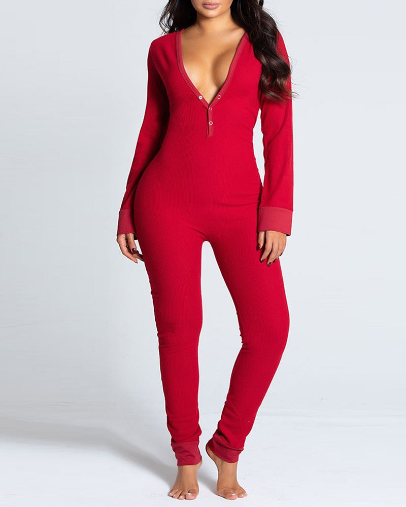 Christmas Deep V-neck Long-sleeved Back Button Closure Jumpsuit PJajama