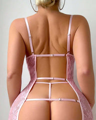 Pink Deep V Floral Lace Backless Camisole Lingerie Nightgown