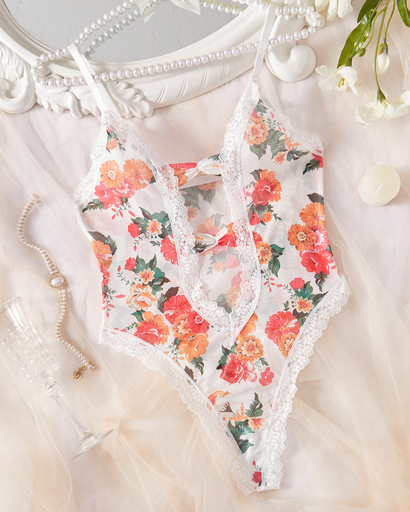 Colorful Floral Print Mesh Sheer Bodysuit Lingerie