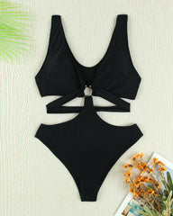 Solid Color Deep V-neck Hollowed-out Sexy One-piece Swimsuit