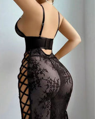 Sexy Flower Lace Hollow See-Through Side Strap Long Suspender Dress