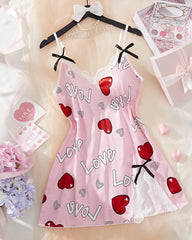 Valentine's Day Heart-themed Letter Print Lace-Trimmed Slit Short Nightgown