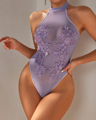 Sexy Halter-neck Sleeveless Sheer Water-soluble Floral Embroidery Lingerie Bodysuit