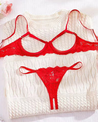 Sexy Lace Floral Openwork Bra and Thong Lingerie Set