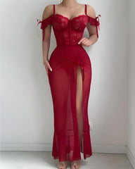 Sexy Off-the-shoulder Lace-trimmed High-slit See-through Mesh Long Lingerie Nightgown
