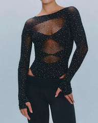Sexy Rhinestone Stretch Fishnet Round Neck Long Sleeve Bodysuit