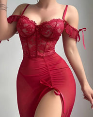 Sexy Off-the-shoulder Lace-trimmed High-slit See-through Mesh Long Lingerie Nightgown