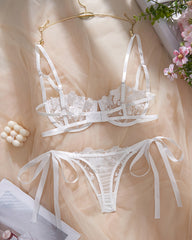 Sexy Flower Embroidered Mesh Lace Gathered Bra Set