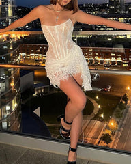 Sexy Lace Mesh Off-shoulder Strapless Slightly Sheer Bodycon Dress