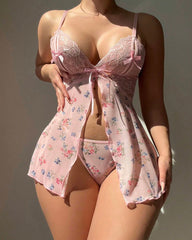 Sexy Floral Print See-Through Mesh Lace Camisole Lingerie Set