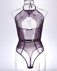Sexy Lace Mesh Openwork Halter Bodysuit