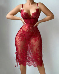Sexy Flower Lace Hollow See-Through Side Strap Long Suspender Dress