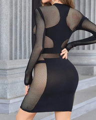 Round Neck Long Sleeve Slim Fit Sexy Hollow-out Bodycon Dress